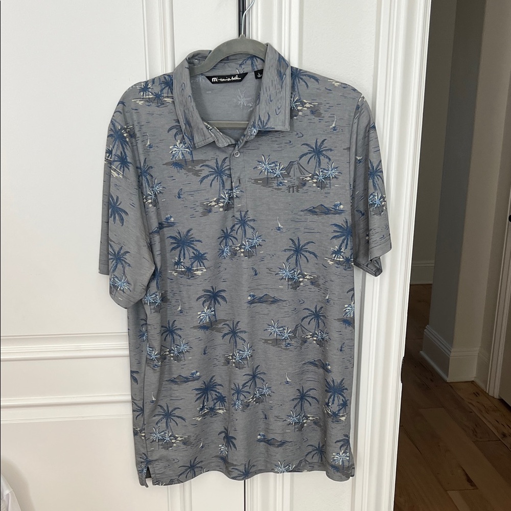Travis Mathew Gray and Blue Palm Print Polo Shirt